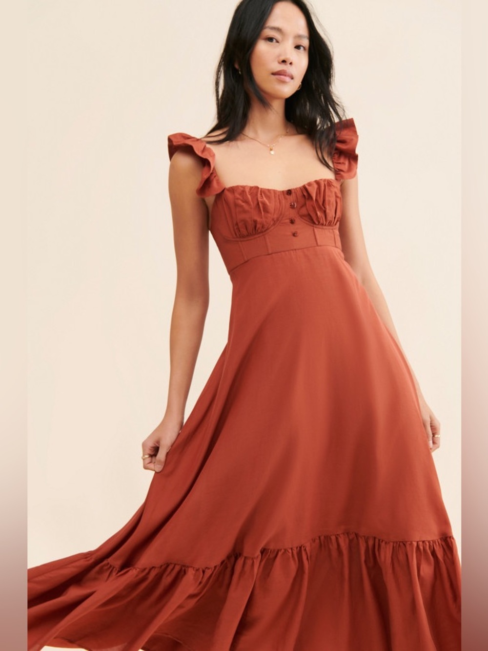 Farm Rio Ruffle Strap Maxi Dress in Rust